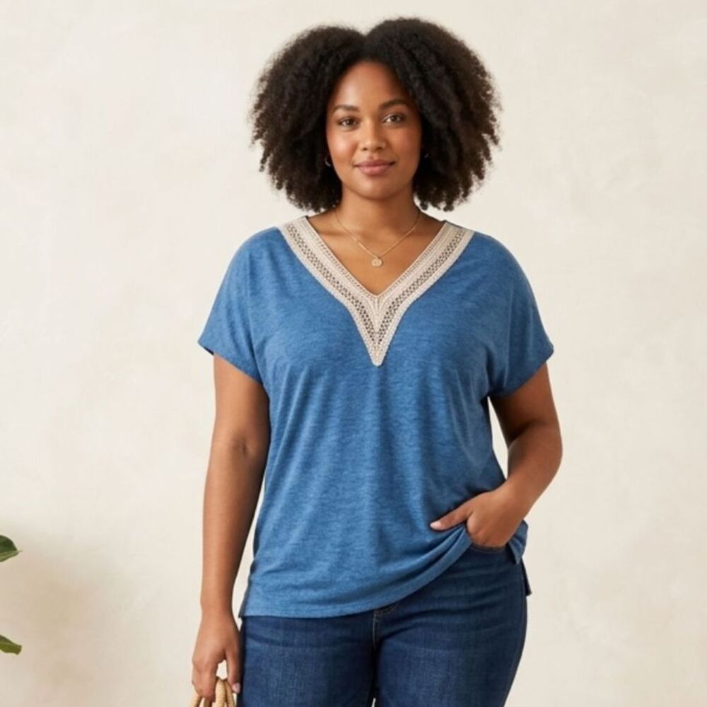 Merokeety Blue V Neck Top XL Crochet Lace Trim Short Sleeve Blouse Boho Casual